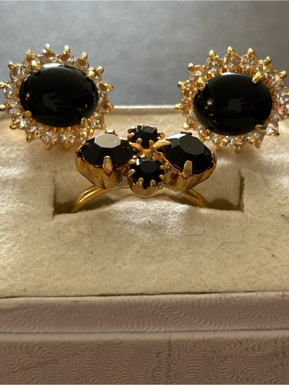 Gold-Tone Black Stone Cluster Ring and Earrings Set